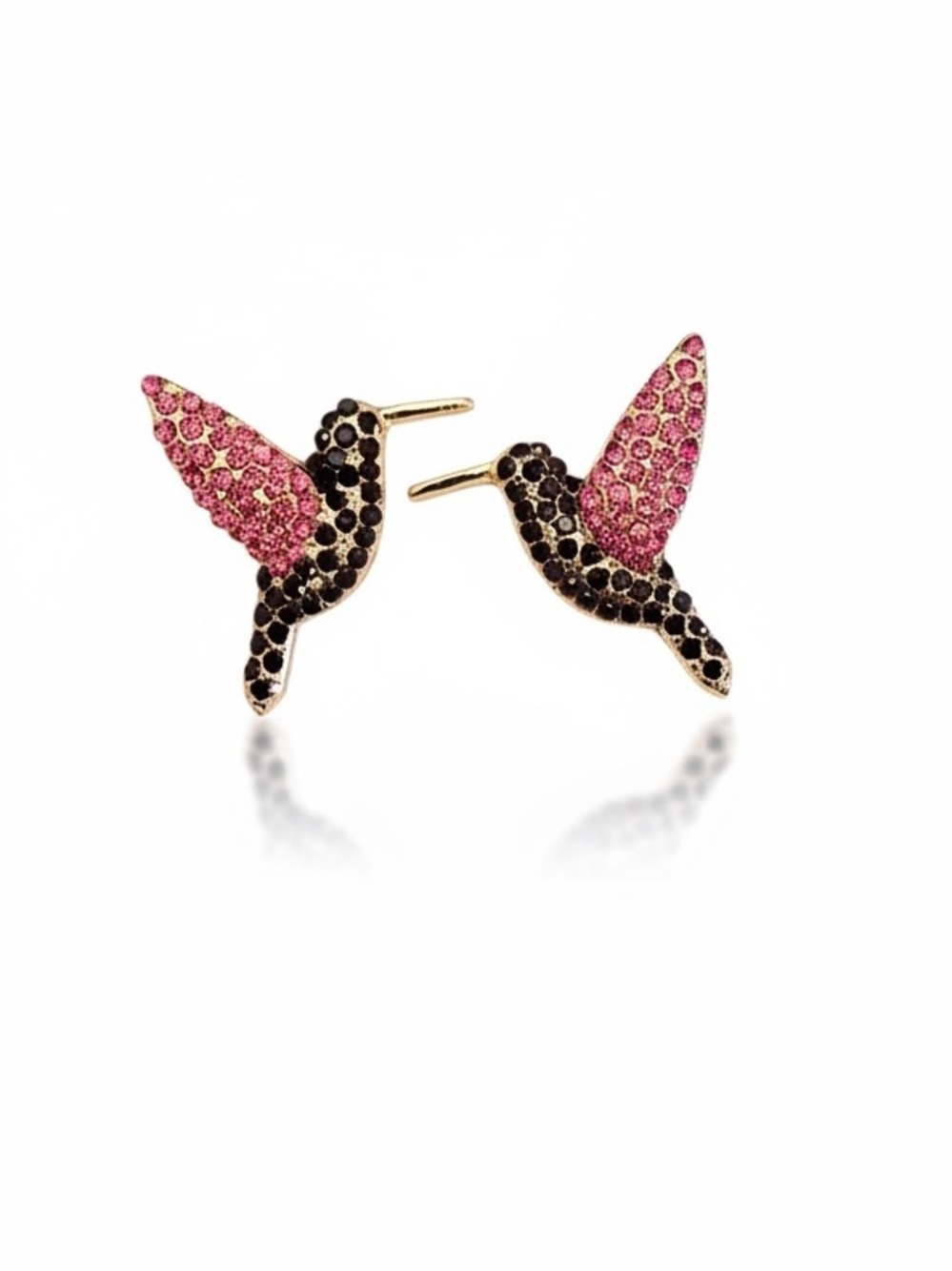 Hummingbird Hot Pink & Dark Purple Allover Rhinestone Gold Post 1.5" Earrings